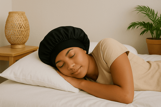 women with hair extensions wearing a silk hair bonnet for sleeping to protect her extensions