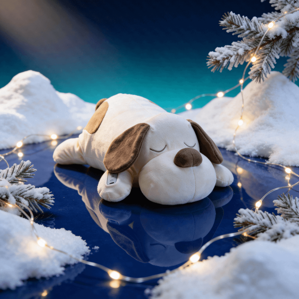 White Noise Animal Plush With Bionic Breathing Dog named CoCo laying on a flat surface alongslide Christmas tree and lights