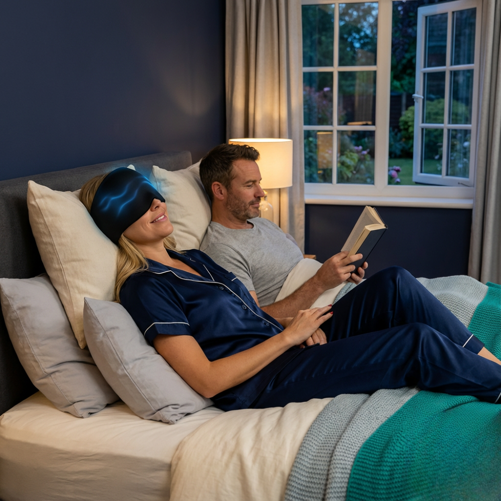 Man and woman in pajamas lying on a bed, with the woman wearing a cooling ice cold migraine headache mask