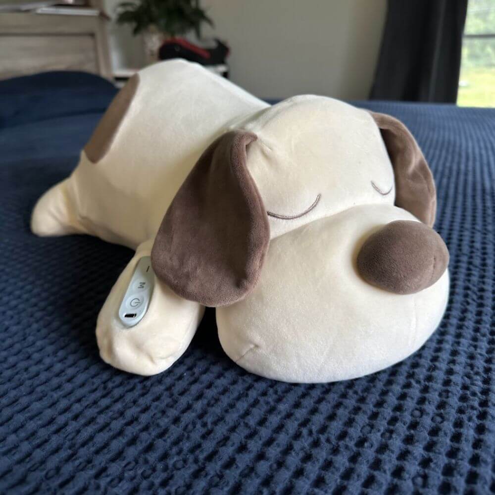 front image of coco the sleeping dog which plays white noise and sounds with an app for download