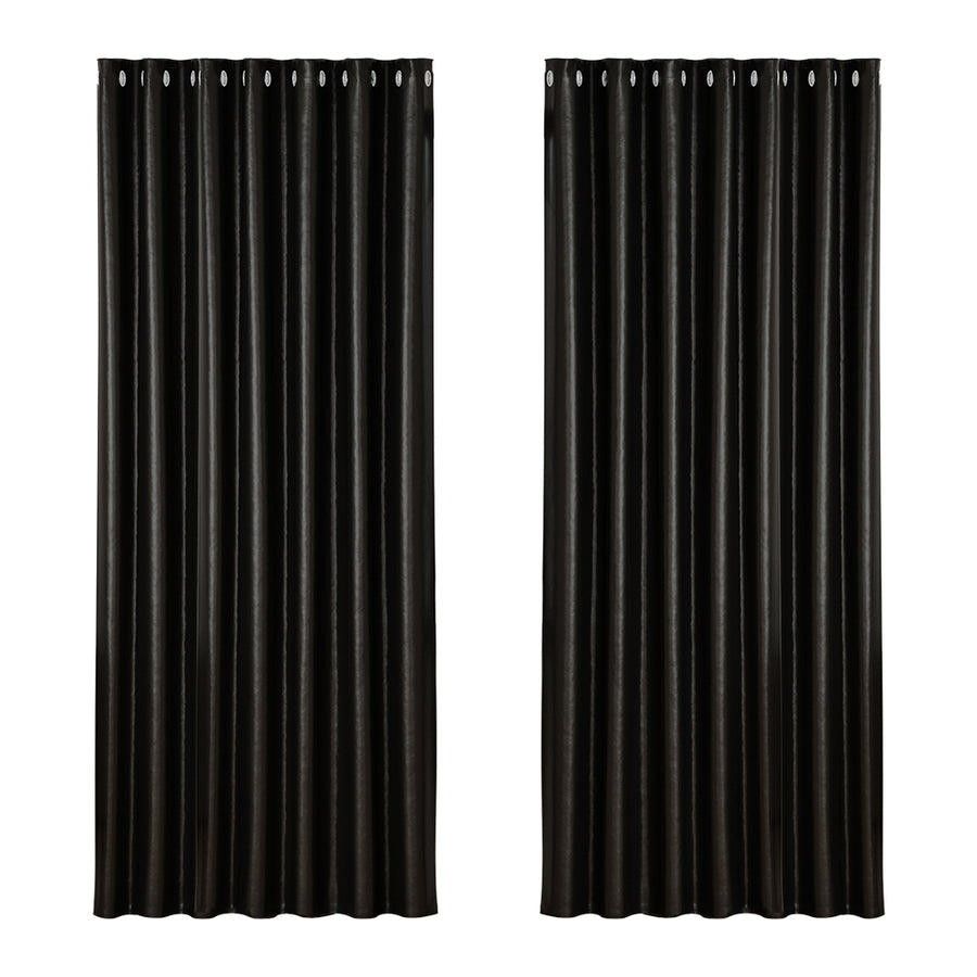 2 x Blackout Curtains - Eyelet 240 x 230cm - Black Shiny - Sleep Dreams