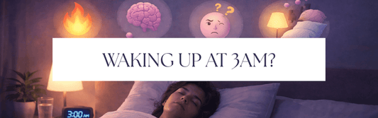 Sleeping person in bed at night with soft icons showing warmth, overthinking, confusion, and a bright, messy environment above.