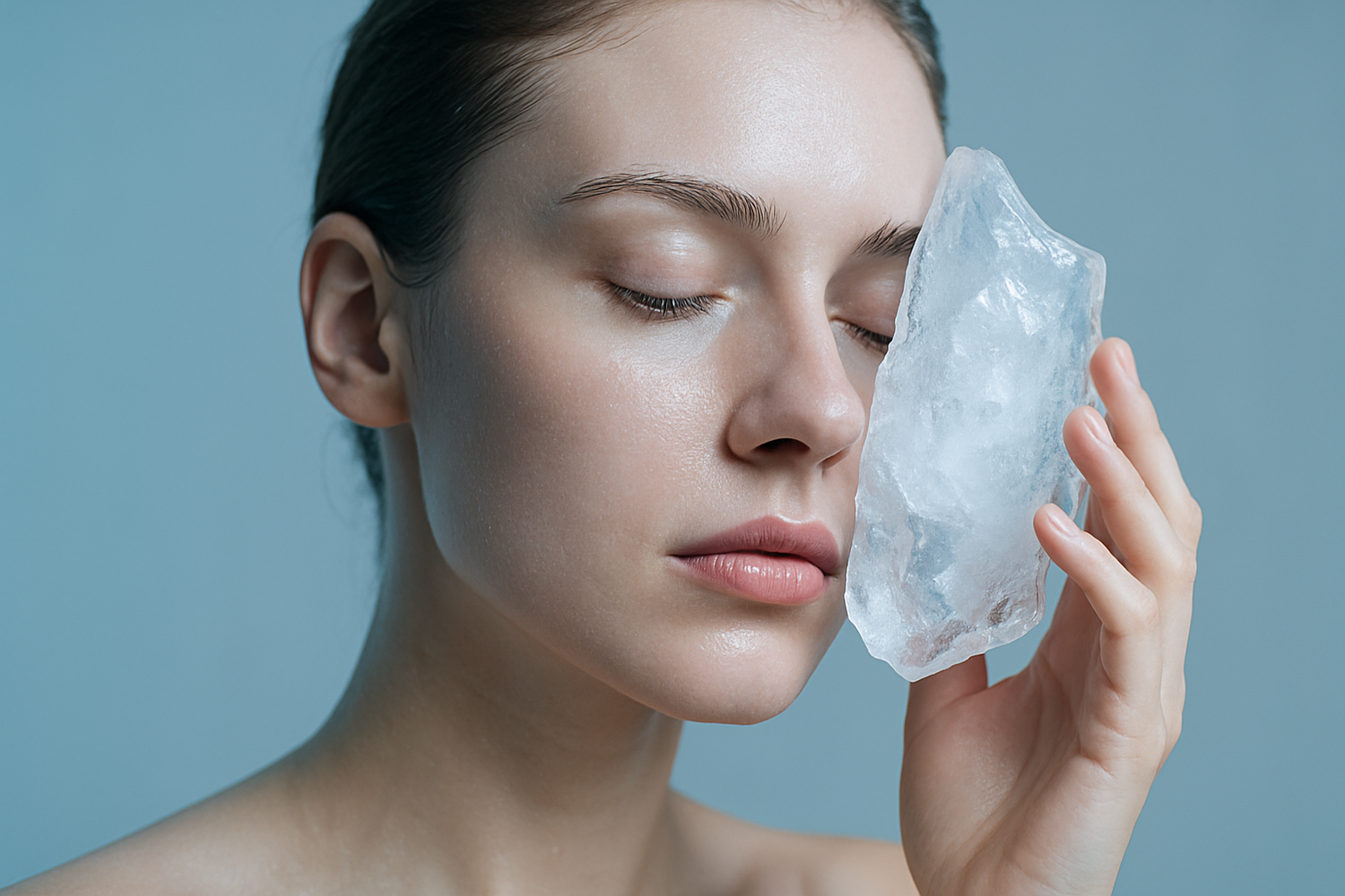 women putting ice on her face to cool herself down before sleeping
