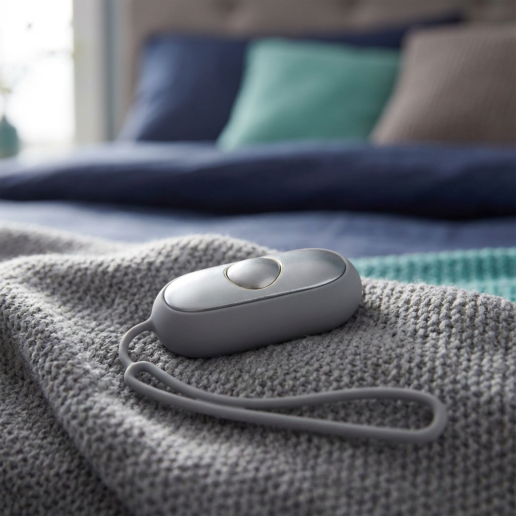 grey sleep aid calming device on a bed with grey blankets for easing sleep