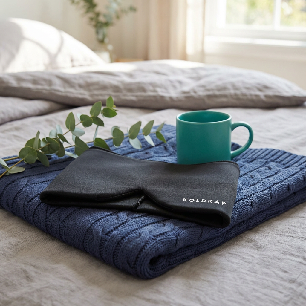 a koldkap ice migraine mask on a bed showing the thickness of the product and how the mask is high quality not thin and cheap