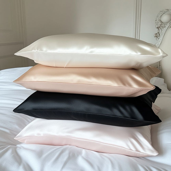 4 silk pillowcases in cream, champagne, black and white neutral tones