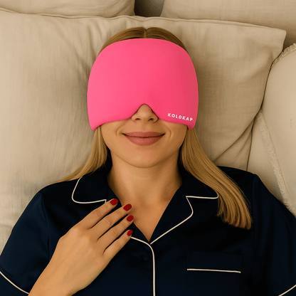 pink face mask made of silicone which is cooling for migranes and headaches - women with blonde hair wearing the koldkap face mask