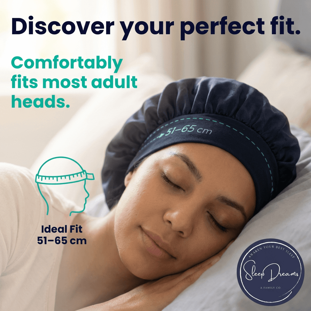 a woman lying down against the pillow wearing a premium Silkett, a 100% Mulberry Silk Bonnet with an ideal fit of 51 to 65 cm.