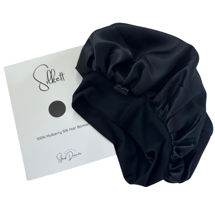 100% mulberry silk hair bonnet and packaging in black side view wide brim
