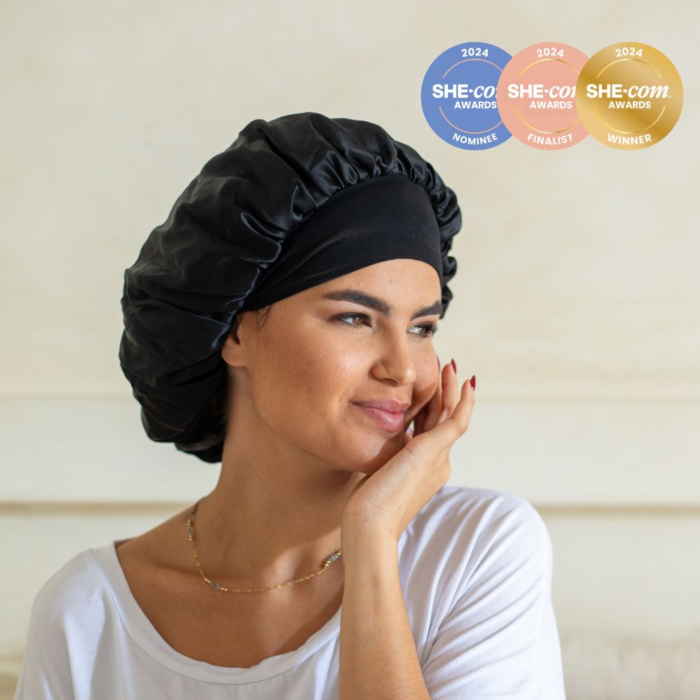 100% Mulberry silk hair bonnet - Silkett - Black - women wearing sleep cap - with finalist award badges