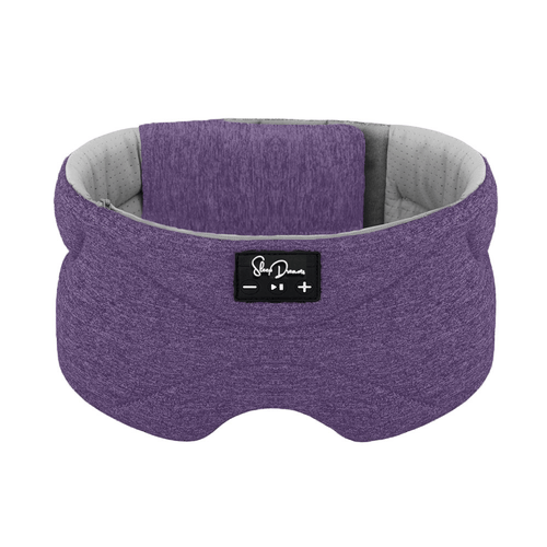 Purple sleep mask with gray interior on a white background, velcro strap at the back to fit the sleep mask to your head and the speakers sit over your ears