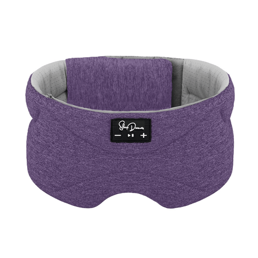 Purple sleep mask with gray interior on a white background, velcro strap at the back to fit the sleep mask to your head and the speakers sit over your ears
