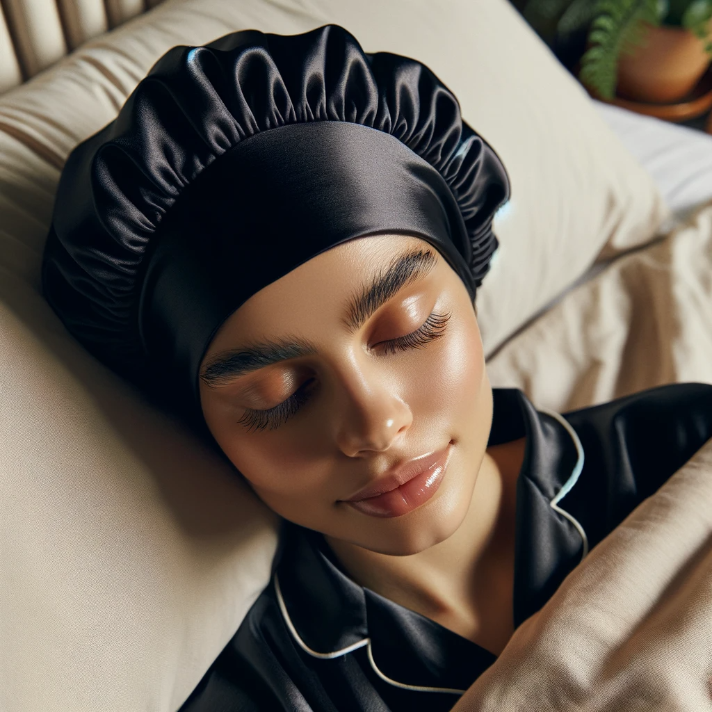 Black hair bonnet on women asleep in bed with wide brim