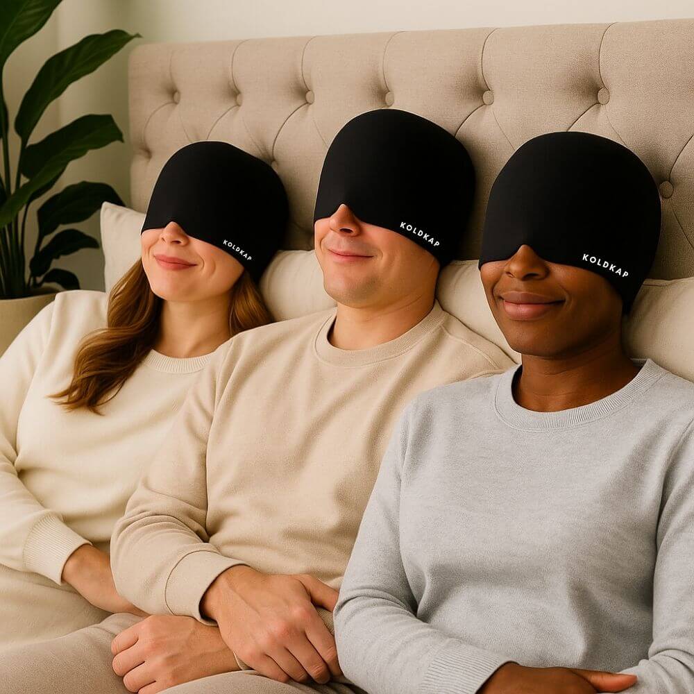 three people wearing black migrane masks for migrane relief, some of the models called them ice masks