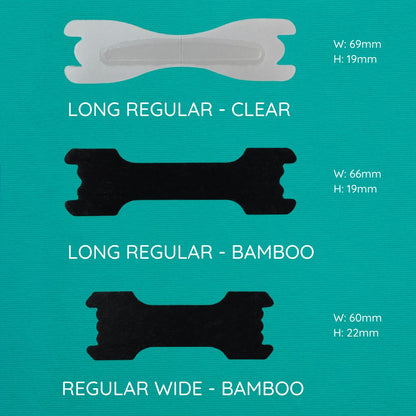 the sizes of the three nose strip types that sleep dreams sells - size 1: length 69mm x height 19mm, size 2: length 66mm x height 19mm, size 3: length 60mm x height 22mm