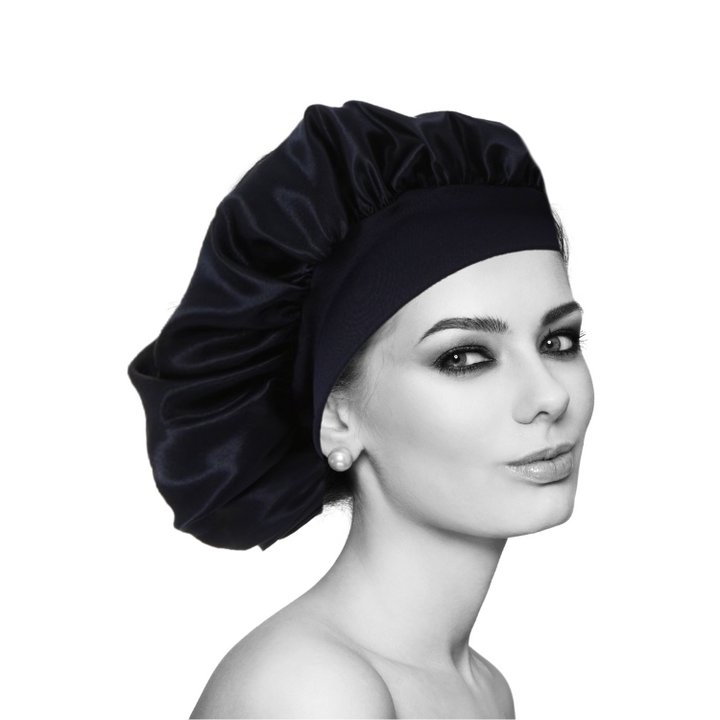 100% Mulberry silk hair bonnet - Silkett - Black - women wearing sleep cap - white background