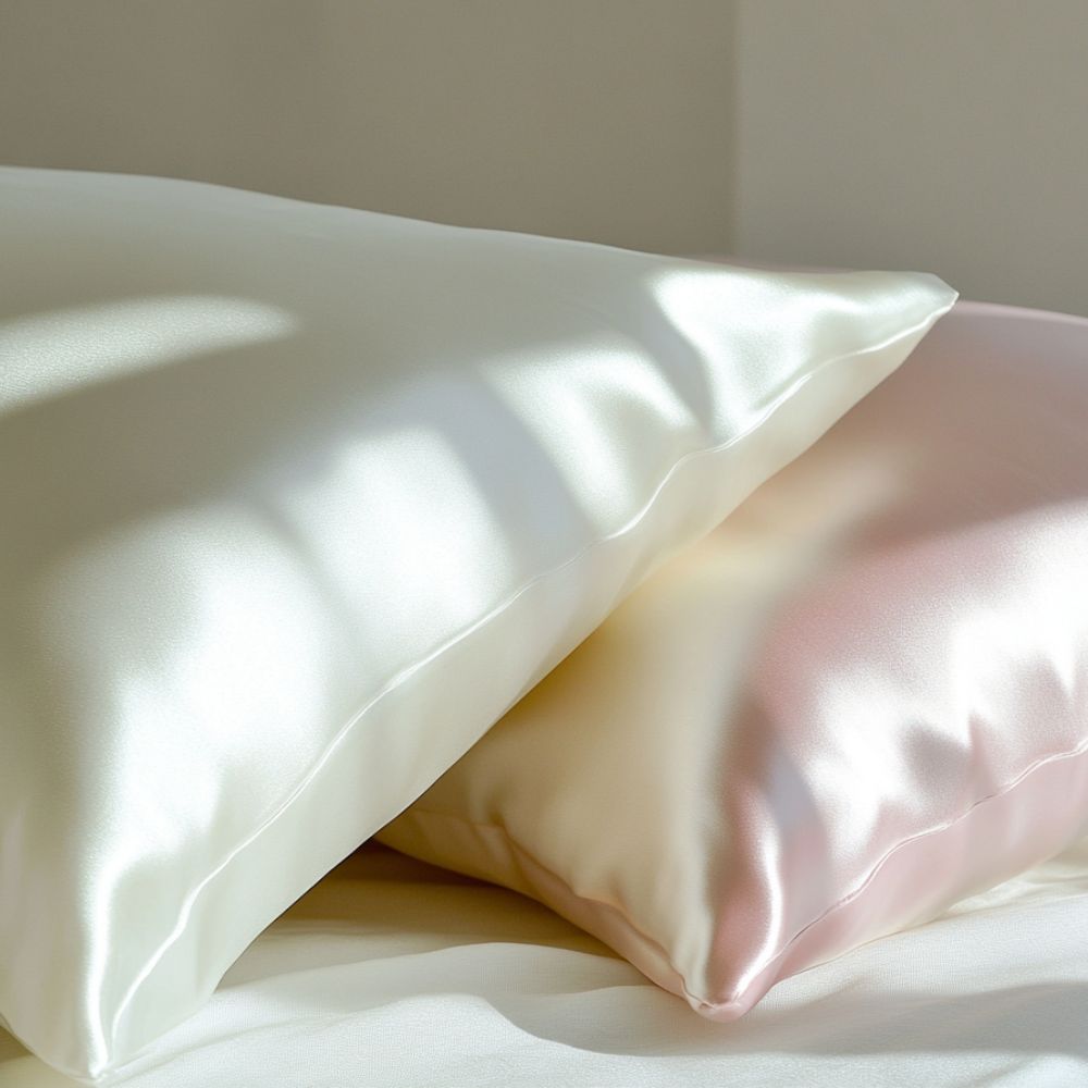 silkoosy silk pillowcases in cream and light pink on bed