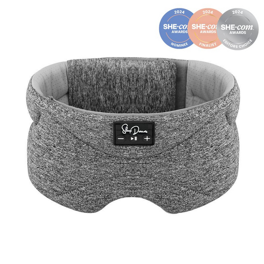 Deluxe Sleep Mask with headphones with award badges for technology product of the year in light grey colour