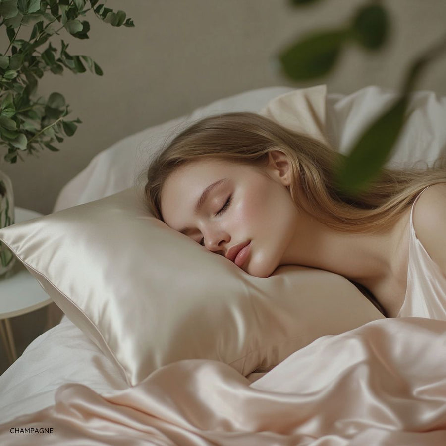 women asleep on champagne coloured silk pillow case with plants in the background and silk sheets