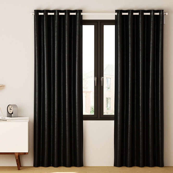 2 x Blackout Curtains - Eyelet 140 x 230cm - Black Shiny - Sleep Dreams