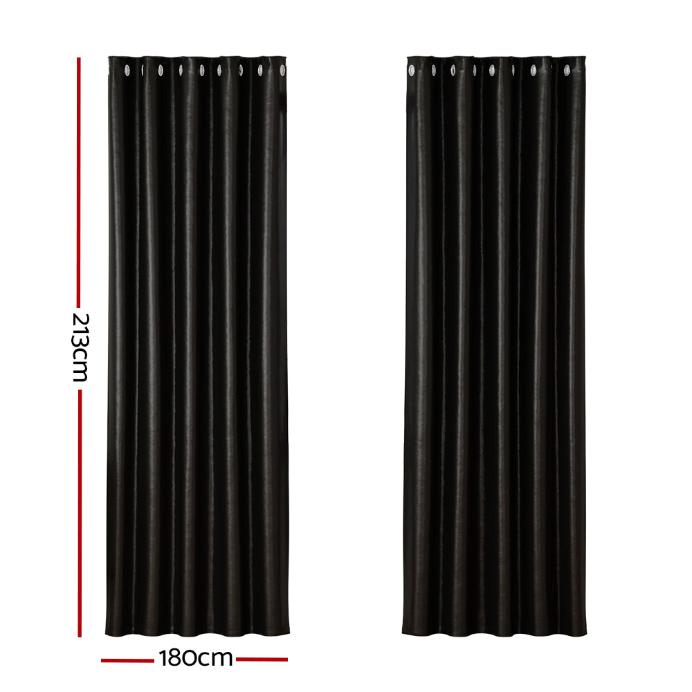 2 x Blackout Curtains - Eyelet 180 x 213cm - Black Shiny - Sleep Dreams