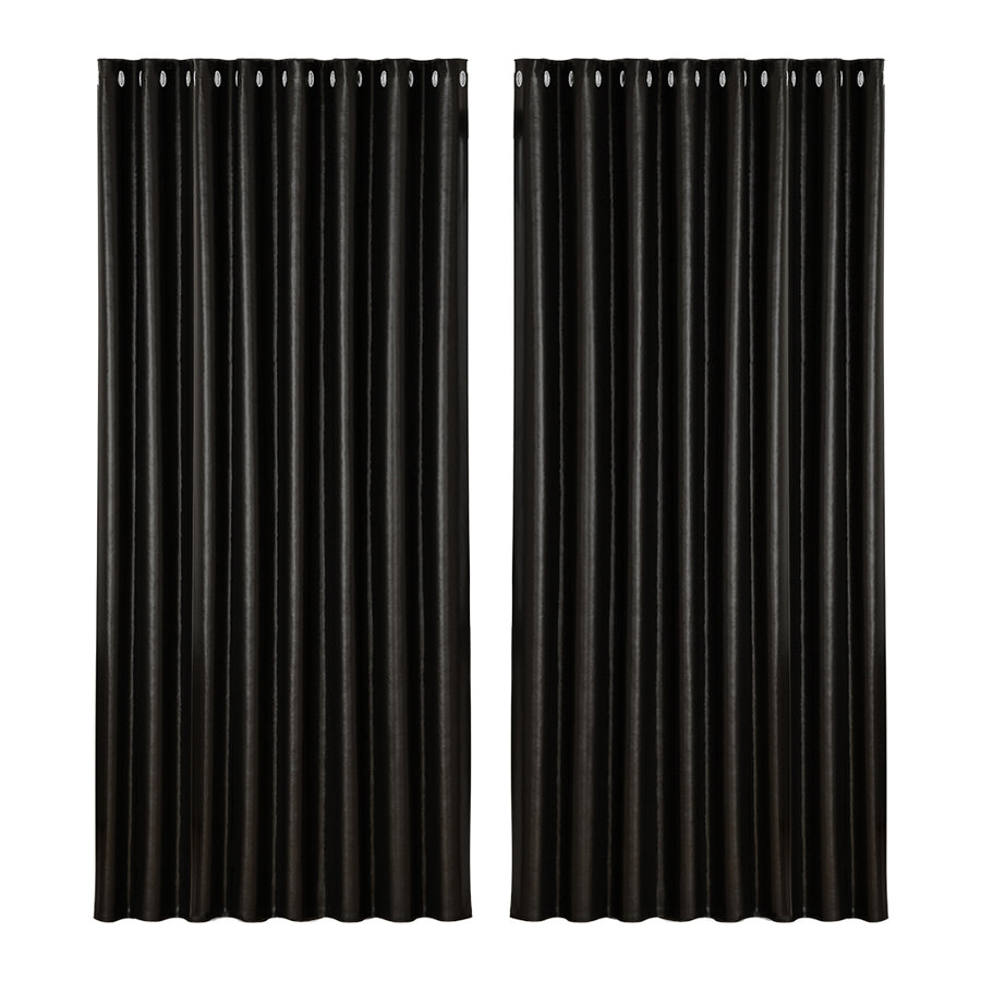 2 x Blackout Curtains - Eyelet 300 x 230cm - Black Shiny - Sleep Dreams