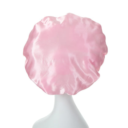 back of baby pink satin hair bonnet for sleep