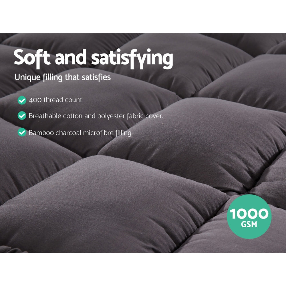 King Single Size - Charcoal Infused Mattress Topper Pillowtop 1000GSM - Sleep Dreams