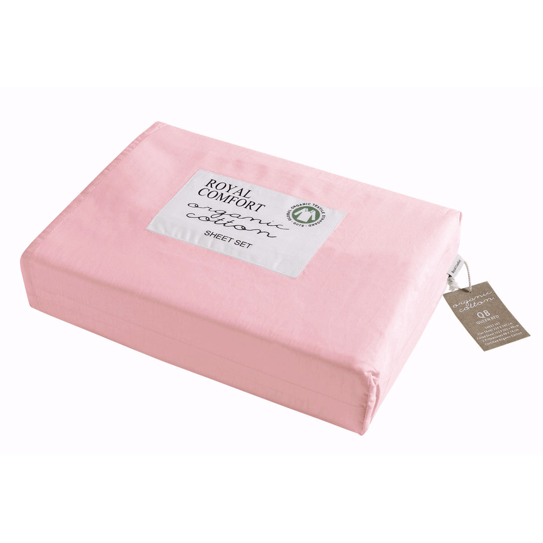 Queen - 100% Organic Cotton Sheet Set (Flat & Fitted Sheet, 2 Pillow cases) - Pink - Sleep Dreams