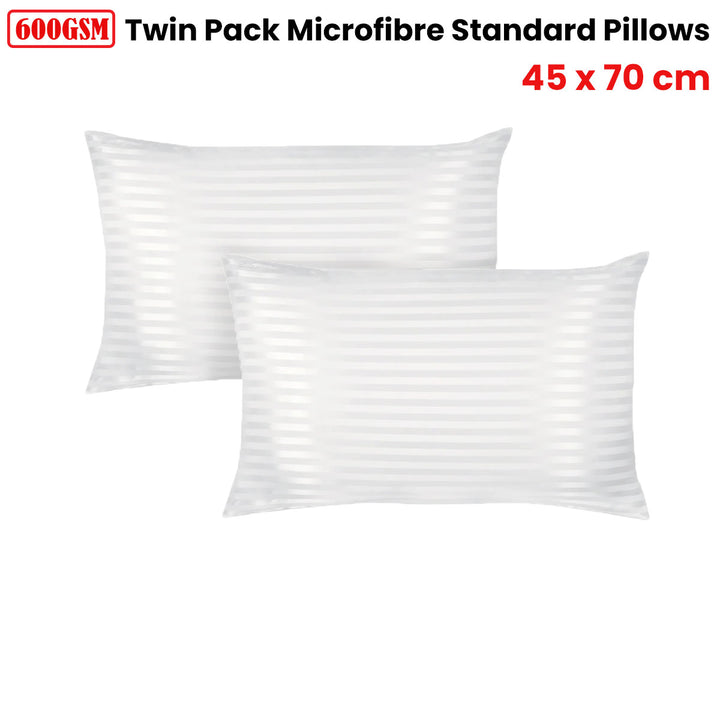 2 x 600GSM Microfibre Pillows 45 x 70cm - White Stripped